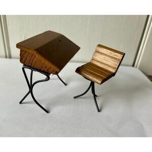 Vintage dollhouse desk and chair wood wire slant top 3" 1960s